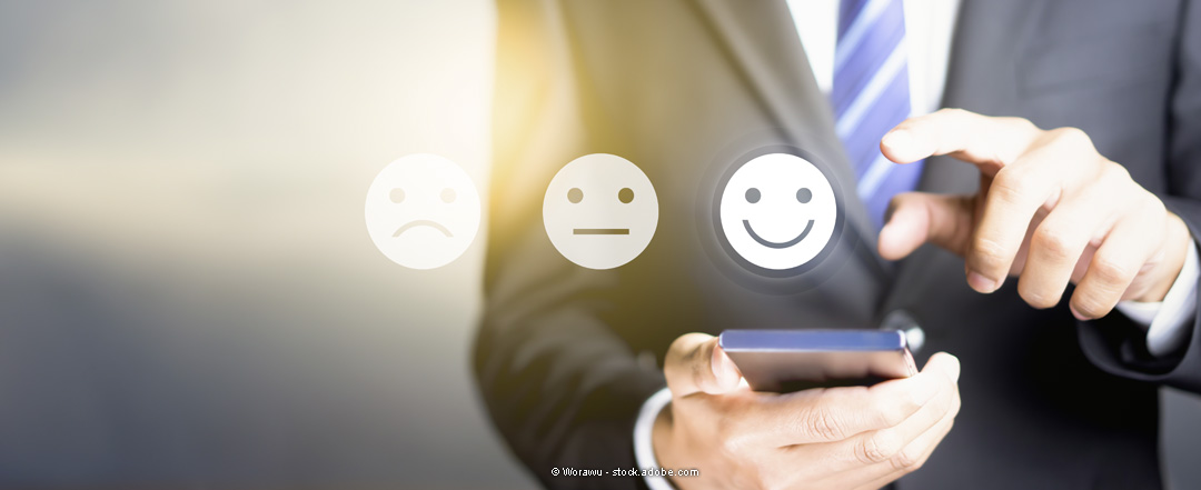Businessman pressing happy icon, Customer service evaluation con
